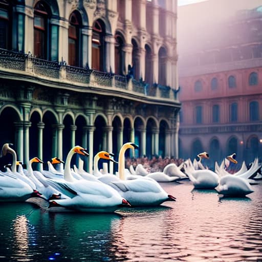  a swarm of swans scaring a exorcist hyperrealistic, full body, detailed clothing, highly detailed, cinematic lighting, stunningly beautiful, intricate, sharp focus, f/1. 8, 85mm, (centered image composition), (professionally color graded), ((bright soft diffused light)), volumetric fog, trending on instagram, trending on tumblr, HDR 4K, 8K