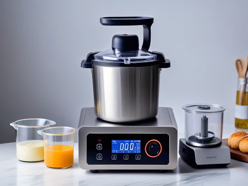  An ultradetailed 8k image of a sleek, modern sous vide machine specifically designed for pastry and dessert creations. The machine is made of brushed stainless steel, with a digital display showing precise temperature control. It is surrounded by various baking tools like measuring cups, mixing bowls, and a whisk, all arranged neatly on a marble countertop with soft, natural lighting highlighting the elegance of the setup. hyperrealistic, full body, detailed clothing, highly detailed, cinematic lighting, stunningly beautiful, intricate, sharp focus, f/1. 8, 85mm, (centered image composition), (professionally color graded), ((bright soft diffused light)), volumetric fog, trending on instagram, trending on tumblr, HDR 4K, 8K