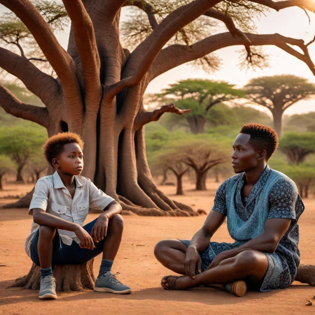  A young African boy named Kofi sitting under a Baobab tree with his grandmother, listening to her tell stories during sunset. hyperrealistic, full body, detailed clothing, highly detailed, cinematic lighting, stunningly beautiful, intricate, sharp focus, f/1. 8, 85mm, (centered image composition), (professionally color graded), ((bright soft diffused light)), volumetric fog, trending on instagram, trending on tumblr, HDR 4K, 8K