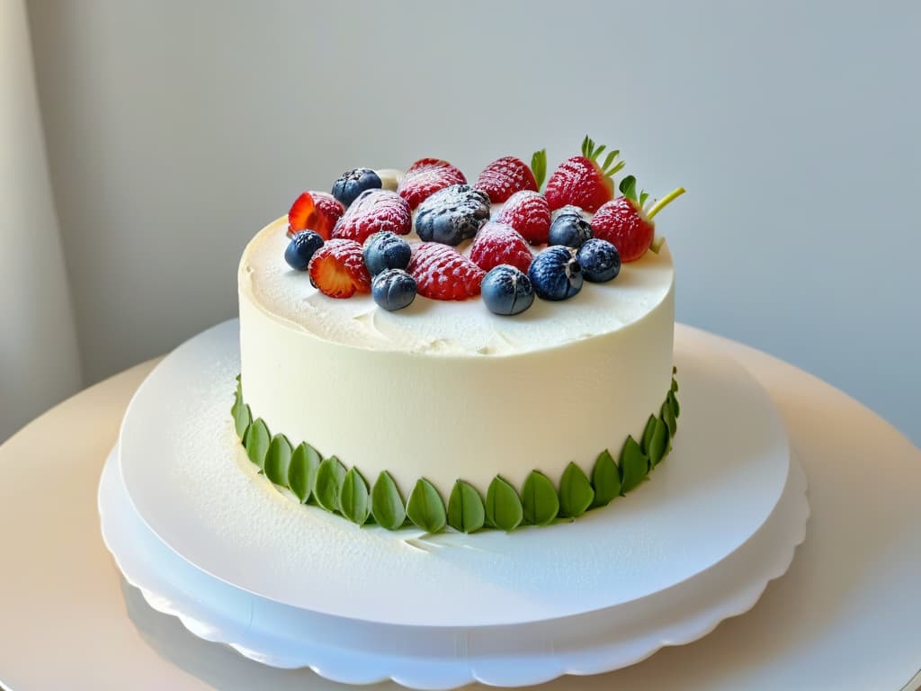  A closeup, ultrahighresolution image of a beautifully decorated vegan glutenfree cake, showcasing intricate designs made from fresh berries and edible flowers, set on a sleek, modern white cake stand. The vibrant colors of the toppings pop against the creamy white frosting, highlighting the artistry and attention to detail in this delectable dessert. hyperrealistic, full body, detailed clothing, highly detailed, cinematic lighting, stunningly beautiful, intricate, sharp focus, f/1. 8, 85mm, (centered image composition), (professionally color graded), ((bright soft diffused light)), volumetric fog, trending on instagram, trending on tumblr, HDR 4K, 8K