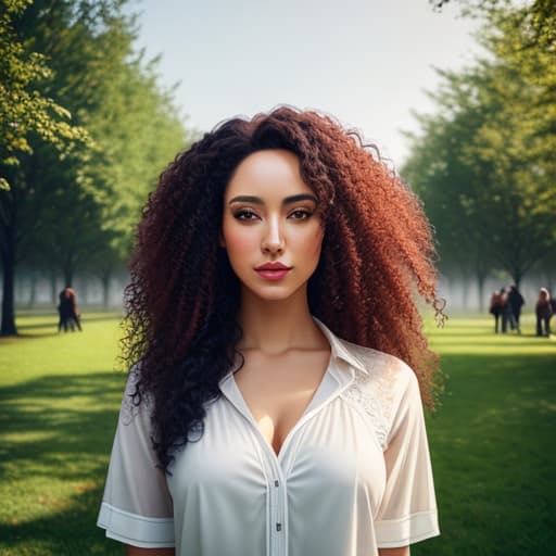  Portrait of a young with long curly hair. The background is a sunny day in the park. hyperrealistic, full body, detailed clothing, highly detailed, cinematic lighting, stunningly beautiful, intricate, sharp focus, f/1. 8, 85mm, (centered image composition), (professionally color graded), ((bright soft diffused light)), volumetric fog, trending on instagram, trending on tumblr, HDR 4K, 8K