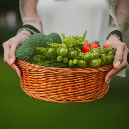  A photo realistic image of hands holding a basket full of fresh (((harvest))) vegetables, in a lush garden, sunset lighting, detailed, realistic hyperrealistic, full body, detailed clothing, highly detailed, cinematic lighting, stunningly beautiful, intricate, sharp focus, f/1. 8, 85mm, (centered image composition), (professionally color graded), ((bright soft diffused light)), volumetric fog, trending on instagram, trending on tumblr, HDR 4K, 8K