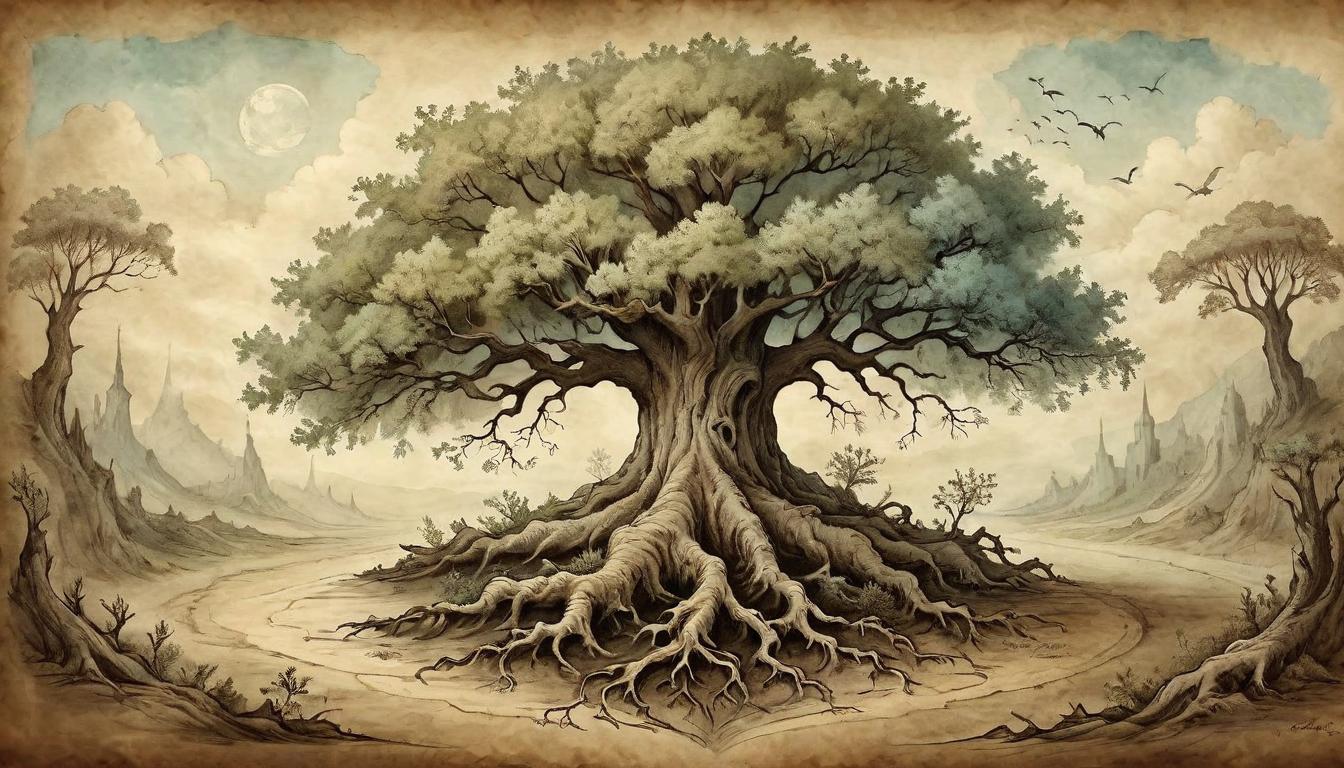  on parchment, surrealism+++, A majestic tree with robust, sturdy roots breaking through the earth, symbolizing stability, grounding, resilient(mysterious, provocative, symbolic,muted color)+++