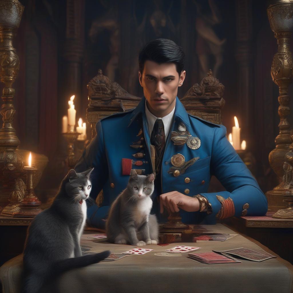  Young man with dark hair, one white eye, blue military jacket, crafty expression on his face, playing card in hand, a three colored cat sits on his left shoulder, standing in front of an occult ritual. hyperrealistic, full body, detailed clothing, highly detailed, cinematic lighting, stunningly beautiful, intricate, sharp focus, f/1. 8, 85mm, (centered image composition), (professionally color graded), ((bright soft diffused light)), volumetric fog, trending on instagram, trending on tumblr, HDR 4K, 8K