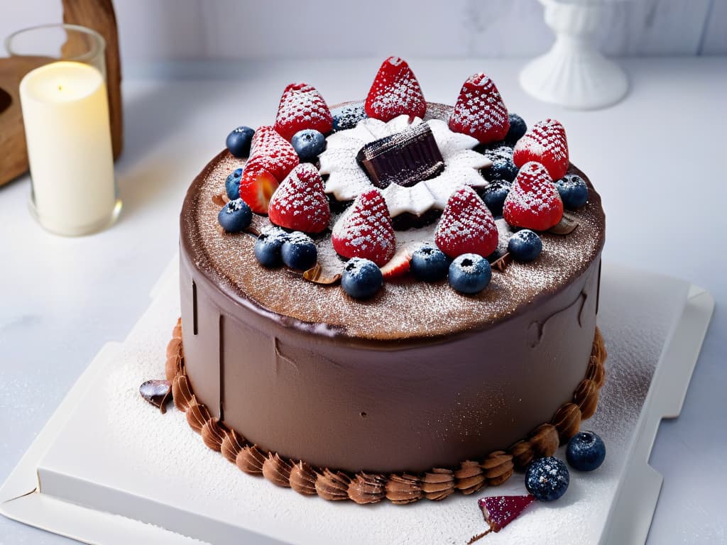  A minimalist, highresolution image of a beautifully decorated glutenfree chocolate cake topped with fresh berries, dusted with powdered sugar, on a sleek white marble countertop. The cake is perfectly sliced, showcasing its moist texture and rich chocolate layers, while the vibrant colors of the berries pop against the neutral backdrop. The lighting is soft and natural, emphasizing the delicious details of this glutenfree dessert masterpiece. hyperrealistic, full body, detailed clothing, highly detailed, cinematic lighting, stunningly beautiful, intricate, sharp focus, f/1. 8, 85mm, (centered image composition), (professionally color graded), ((bright soft diffused light)), volumetric fog, trending on instagram, trending on tumblr, HDR 4K, 8K