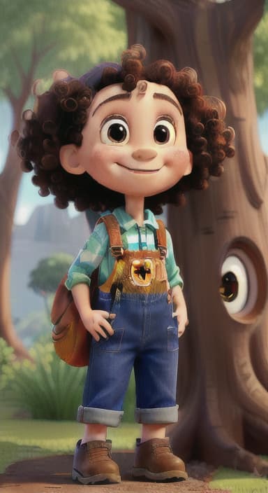  {The tree with a smiling face formed by its bark, looking down at Riley., Riley, a curious with big brown eyes and curly hair, wearing overalls and carrying a small backpack. Their friend, Skye, a bluebird with shiny feathers.