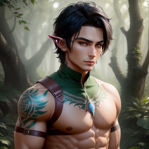  half-elf, male, ranger, short black hair, green eyes, tattoos, toned build, hyperrealistic, high quality, highly detailed, perfect lighting, intricate, sharp focus, f/1. 8, 85mm, (centered image composition), (professionally color graded), ((bright soft diffused light)), trending on instagram, HDR 4K, 8K