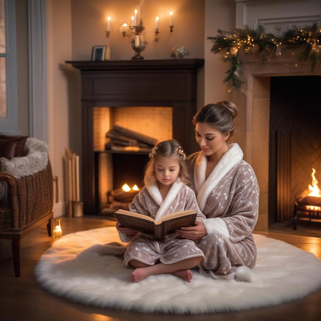  A little girl in bright pajamas is sitting next to her mother, who is reading a book in a terry dressing gown on a fur rug next to the fireplace. hyperrealistic, full body, detailed clothing, highly detailed, cinematic lighting, stunningly beautiful, intricate, sharp focus, f/1. 8, 85mm, (centered image composition), (professionally color graded), ((bright soft diffused light)), volumetric fog, trending on instagram, trending on tumblr, HDR 4K, 8K