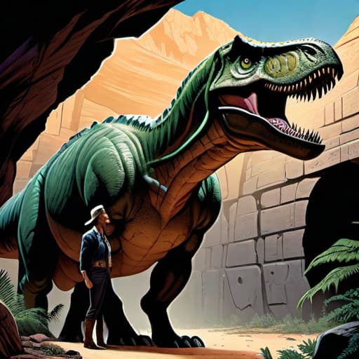  American style (modern) comic about  Mystery City, Mark and Jane hide in a cave and a dinosaur tries to get in. , digital color comicbook style, A massive dinosaur head appears, sniffing around the entrance of the cave.. hyperrealistic, full body, detailed clothing, highly detailed, cinematic lighting, stunningly beautiful, intricate, sharp focus, f/1. 8, 85mm, (centered image composition), (professionally color graded), ((bright soft diffused light)), volumetric fog, trending on instagram, trending on tumblr, HDR 4K, 8K