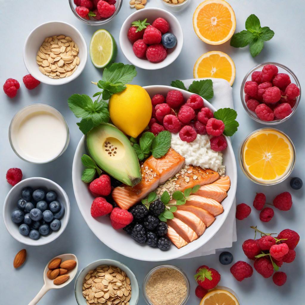  Create an image of a 15-day diet plan overview for weight loss showcasing a balanced mix of lean proteins, complex carbohydrates, and healthy fats with plenty of vegetables. Include visuals of oatmeal with berries, grilled chicken salad, salmon with vegetables, Greek yogurt, fresh fruits, almonds, and a symbol of hydration like a water bottle. Incorporate a calendar to represent the span of the 15 days, and fitness symbols to indicate daily exercise. The design should be informative and appealing, suitable for someone aiming to lose weight with an active lifestyle at 5'3" and 230 pounds. hyperrealistic, full body, detailed clothing, highly detailed, cinematic lighting, stunningly beautiful, intricate, sharp focus, f/1. 8, 85mm, (centered image composition), (professionally color graded), ((bright soft diffused light)), volumetric fog, trending on instagram, trending on tumblr, HDR 4K, 8K