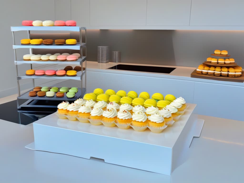  A photorealistic image of a sleek, modern kitchen with marble countertops and stainless steel appliances. The kitchen is flooded with natural light, illuminating a beautiful spread of colorful macarons, cupcakes, and decorated cakes on the counter. A holographic overlay of a baking app interface is seamlessly integrated into the scene, displaying stepbystep instructions for creating intricate pastry designs. The overall ambiance is sophisticated, inviting, and inspiring for anyone looking to elevate their baking skills through augmented reality technology. hyperrealistic, full body, detailed clothing, highly detailed, cinematic lighting, stunningly beautiful, intricate, sharp focus, f/1. 8, 85mm, (centered image composition), (professionally color graded), ((bright soft diffused light)), volumetric fog, trending on instagram, trending on tumblr, HDR 4K, 8K