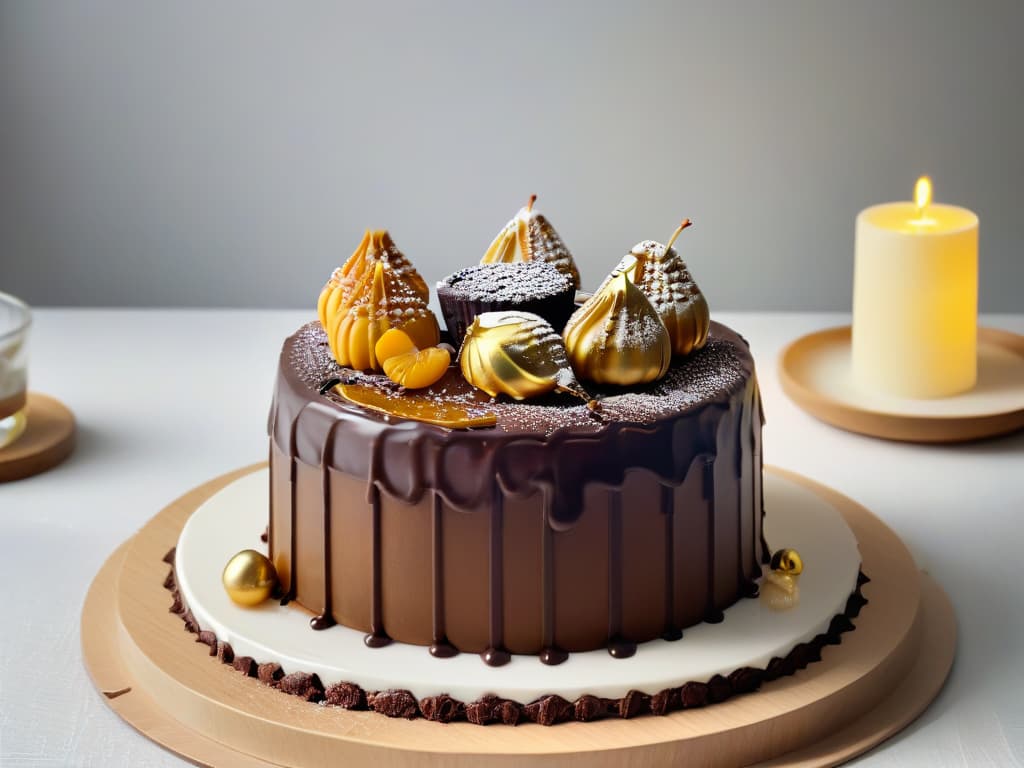  An ultradetailed, highresolution image of a decadent chocolate cake being drizzled with a velvety, rich caramel liqueur sauce. The cake is perfectly moist, with layers of dark chocolate ganache in between, topped with edible gold leaf for a touch of luxury. The caramel sauce cascades down the sides of the cake, glistening under a soft spotlight, showcasing the indulgent pairing of premium liqueurs and exquisite desserts. The background is a subtle gradient, enhancing the minimalist aesthetic and drawing the viewer's full attention to the mouthwatering dessert centerpiece. hyperrealistic, full body, detailed clothing, highly detailed, cinematic lighting, stunningly beautiful, intricate, sharp focus, f/1. 8, 85mm, (centered image composition), (professionally color graded), ((bright soft diffused light)), volumetric fog, trending on instagram, trending on tumblr, HDR 4K, 8K