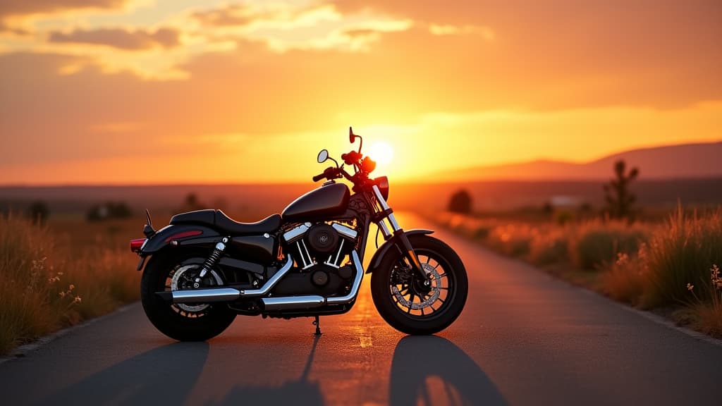  good quality, high quality, a stunning motorcycle parked on an open road at sunset, surrounded by vibrant nature and a serene atmosphere.