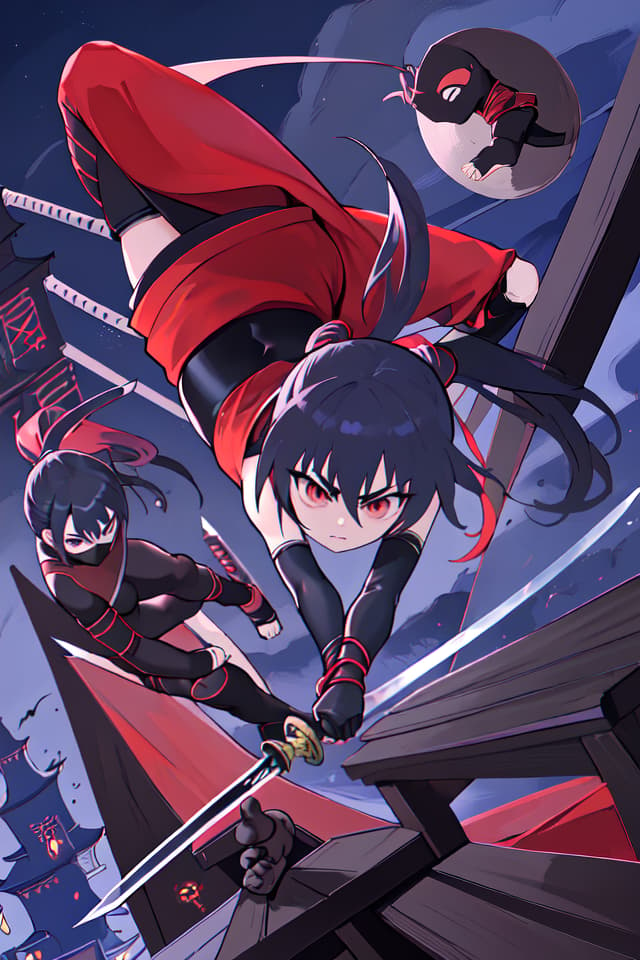  Ninja, acrobat, dynamism, high angle, acrobatic, ninjutsu, sword, tension, night, detail