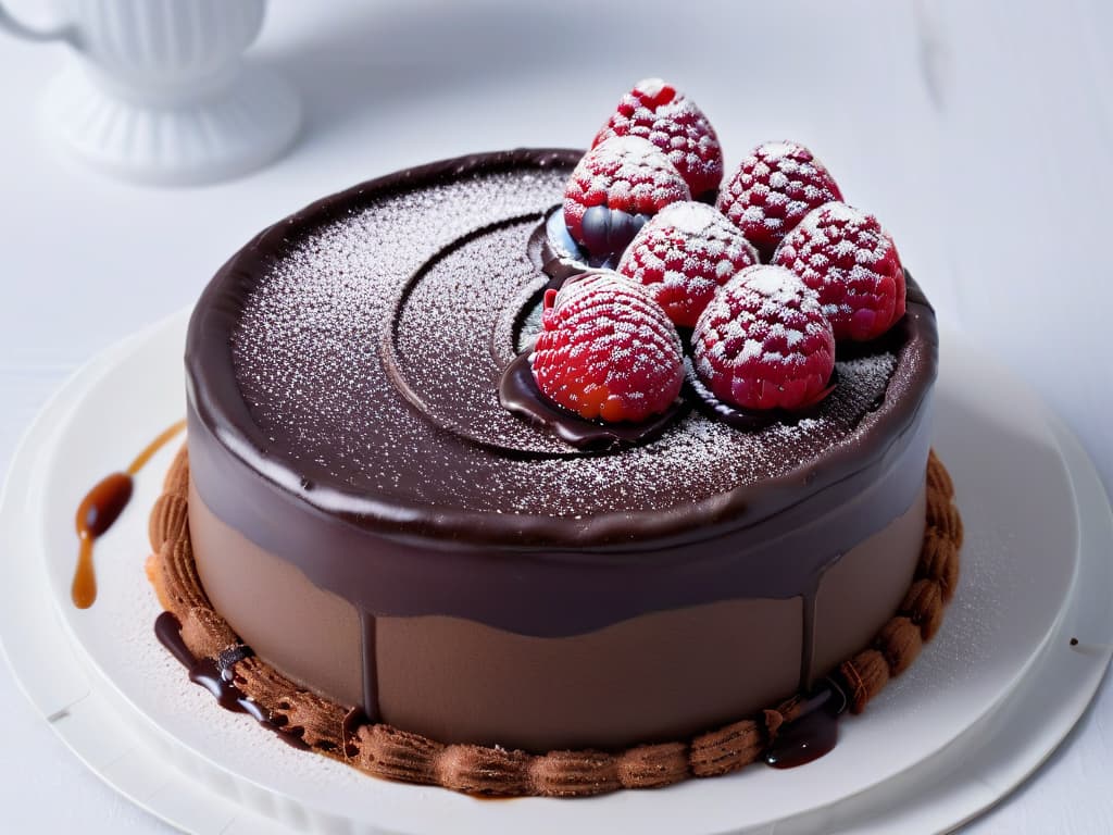  An 8k ultradetailed image of a sleek, modern chocolate tart on a pristine white plate, adorned with delicate swirls of chocolate sauce, a sprinkle of cocoa powder, and a single elegant raspberry on top. The tart sits on a reflective black surface, highlighting its glossy finish and exquisite presentation. The lighting is soft, casting subtle shadows that add depth and sophistication to the composition. hyperrealistic, full body, detailed clothing, highly detailed, cinematic lighting, stunningly beautiful, intricate, sharp focus, f/1. 8, 85mm, (centered image composition), (professionally color graded), ((bright soft diffused light)), volumetric fog, trending on instagram, trending on tumblr, HDR 4K, 8K