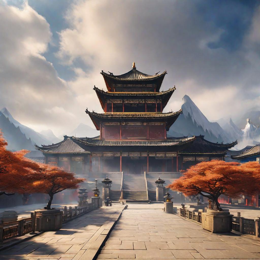  masterpiece, best quality,Generate a Xianxiafeng Xiuxian Square. There is a towering palace on the distant mountain peak, emitting strange brilliance. As long as the scenery does not need characters, the resolution is 1920*1080.