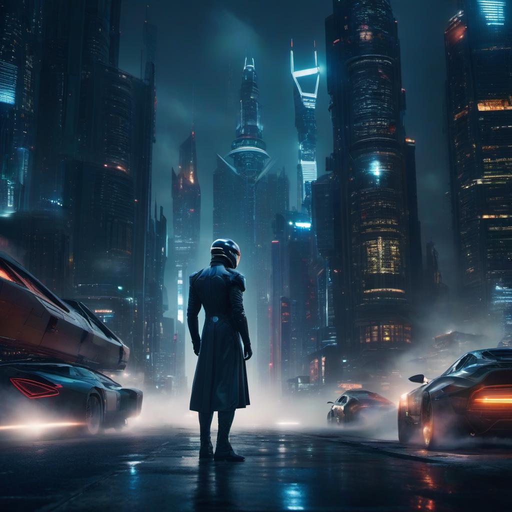  (masterpiece:1.2), image of cityscape of the future, tall skyscrapers, dark alleys, flying cars, (futuristic:1.5), ecofuturism, technological, Best quality, night, dramatic light, high resolution, 35mm photograph, film, bokeh, professional, 4k hyperrealistic, full body, detailed clothing, highly detailed, cinematic lighting, stunningly beautiful, intricate, sharp focus, f/1. 8, 85mm, (centered image composition), (professionally color graded), ((bright soft diffused light)), volumetric fog, trending on instagram, trending on tumblr, HDR 4K, 8K