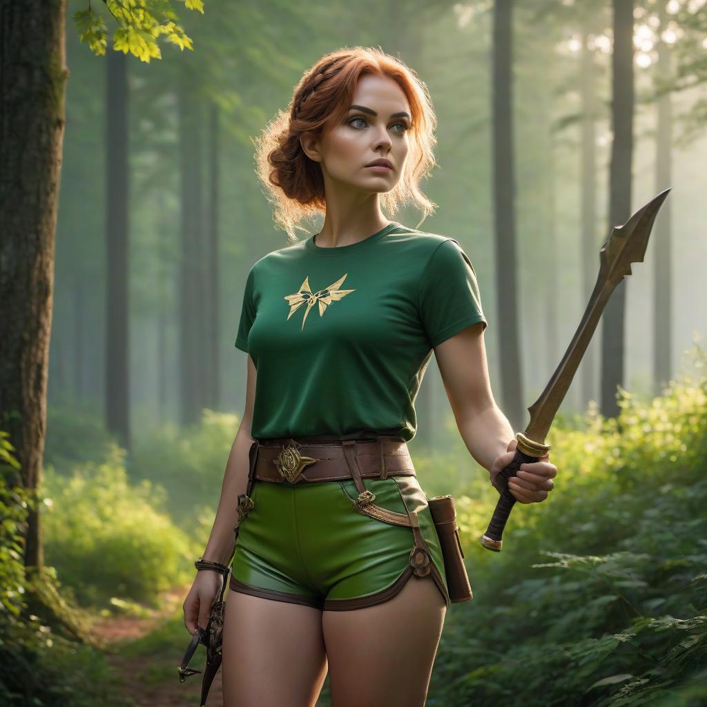  cinematic photo A European woman dressed in a top and bright green athletic shorts, her eyes the color of oak bark, and in her hands, a bow with a hunter's knife on the belt. . 35mm photograph, film, bokeh, professional, 4k, highly detailed hyperrealistic, full body, detailed clothing, highly detailed, cinematic lighting, stunningly beautiful, intricate, sharp focus, f/1. 8, 85mm, (centered image composition), (professionally color graded), ((bright soft diffused light)), volumetric fog, trending on instagram, trending on tumblr, HDR 4K, 8K