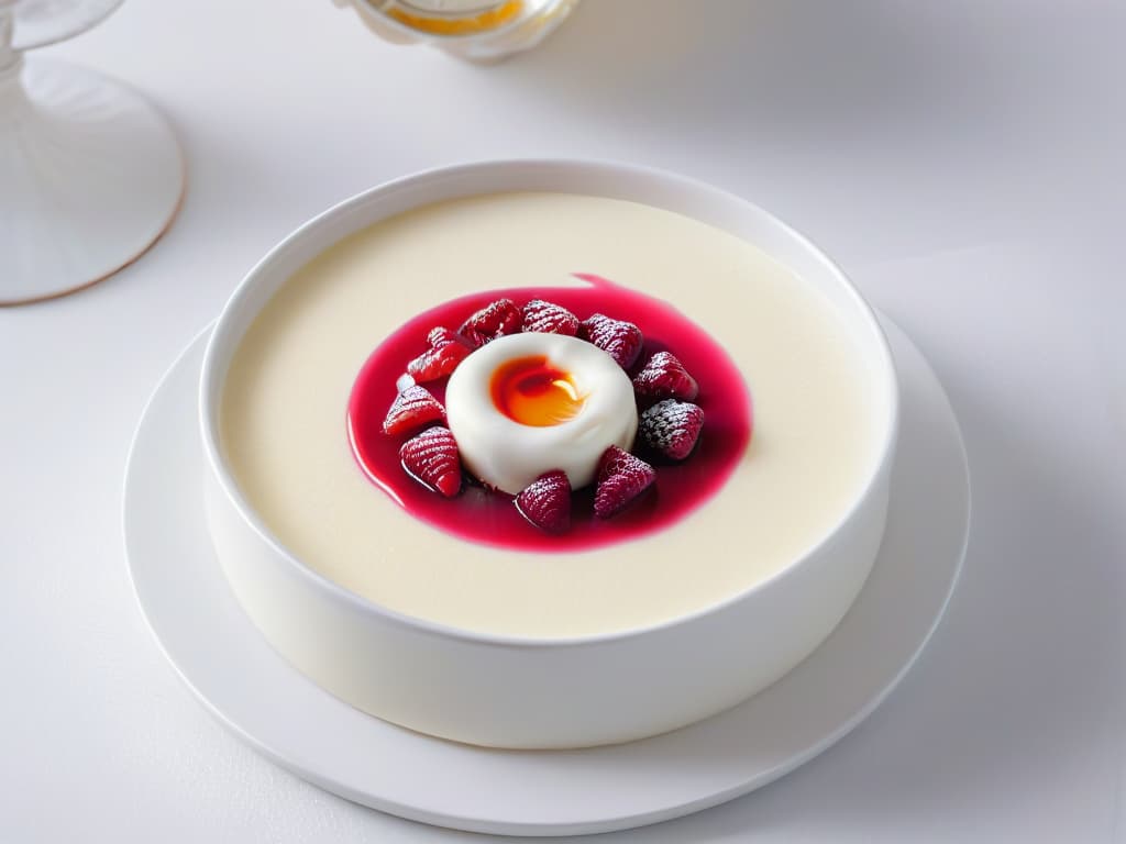  A closeup, ultradetailed photograph of a perfectly smooth and creamy vanilla bean panna cotta, topped with a glossy raspberry coulis in a minimalist white bowl, capturing every tiny speck of vanilla bean and the vibrant red swirl of the coulis against the creamy backdrop. hyperrealistic, full body, detailed clothing, highly detailed, cinematic lighting, stunningly beautiful, intricate, sharp focus, f/1. 8, 85mm, (centered image composition), (professionally color graded), ((bright soft diffused light)), volumetric fog, trending on instagram, trending on tumblr, HDR 4K, 8K