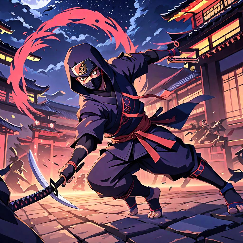  anime style artwork, (masterpiece:1.1), (highest quality:1.1), ninja master training at night, anime style, key visual, vibrant, studio anime, highly detailed