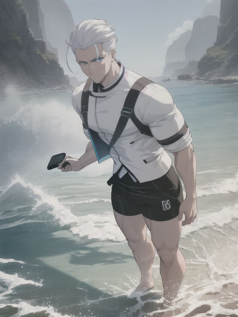  (masterpiece, best quality, anime cartoon man), (caucasian ethnicity, pale skin), young, wide body, blue eyes, slicked back hair, white hair, swimming shorts clothing, at the beach hyperrealistic, full body, detailed clothing, highly detailed, cinematic lighting, stunningly beautiful, intricate, sharp focus, f/1. 8, 85mm, (centered image composition), (professionally color graded), ((bright soft diffused light)), volumetric fog, trending on instagram, trending on tumblr, HDR 4K, 8K