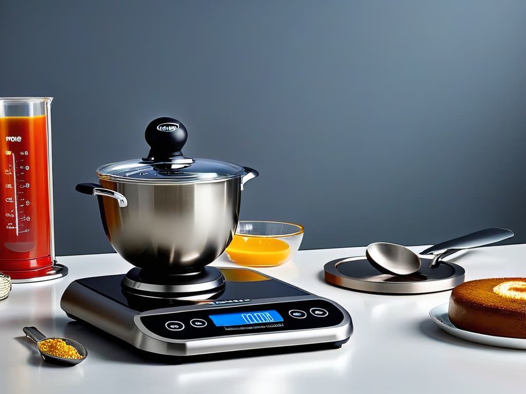  An ultradetailed image of a sleek, minimalistic kitchen counter featuring an array of hightech, futuristic baking gadgets in metallic tones, such as a precision digital scale, a sleek stand mixer with the Marvel logo, a cuttingedge convection oven displaying a digital timer counting down, and a set of highquality stainless steel measuring spoons and spatulas neatly arranged. The background is a soft, blurred glow reminiscent of a superhero's headquarters, adding an element of mystery and excitement to the scene. hyperrealistic, full body, detailed clothing, highly detailed, cinematic lighting, stunningly beautiful, intricate, sharp focus, f/1. 8, 85mm, (centered image composition), (professionally color graded), ((bright soft diffused light)), volumetric fog, trending on instagram, trending on tumblr, HDR 4K, 8K