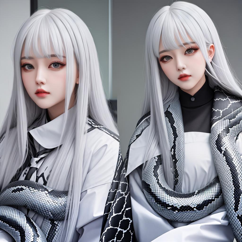  masterpiece, best quality, female,office lady,snake pupils,thick lips,expressionless,dark_persona,long hair,white hair,bangs,tied hair