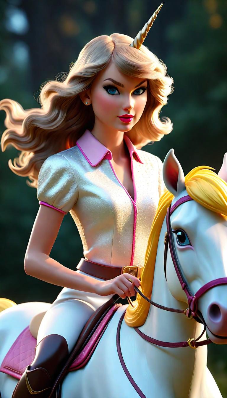  Professional 3D model of Taylor Swift Riding A Unicorn . Rendered with Octane, the model is highly detailed,dramatic lighting. hyperrealistic, full body, detailed clothing, highly detailed, cinematic lighting, stunningly beautiful, intricate, sharp focus, f/1. 8, 85mm, (centered image composition), (professionally color graded), ((bright soft diffused light)), volumetric fog, trending on instagram, trending on tumblr, HDR 4K, 8K