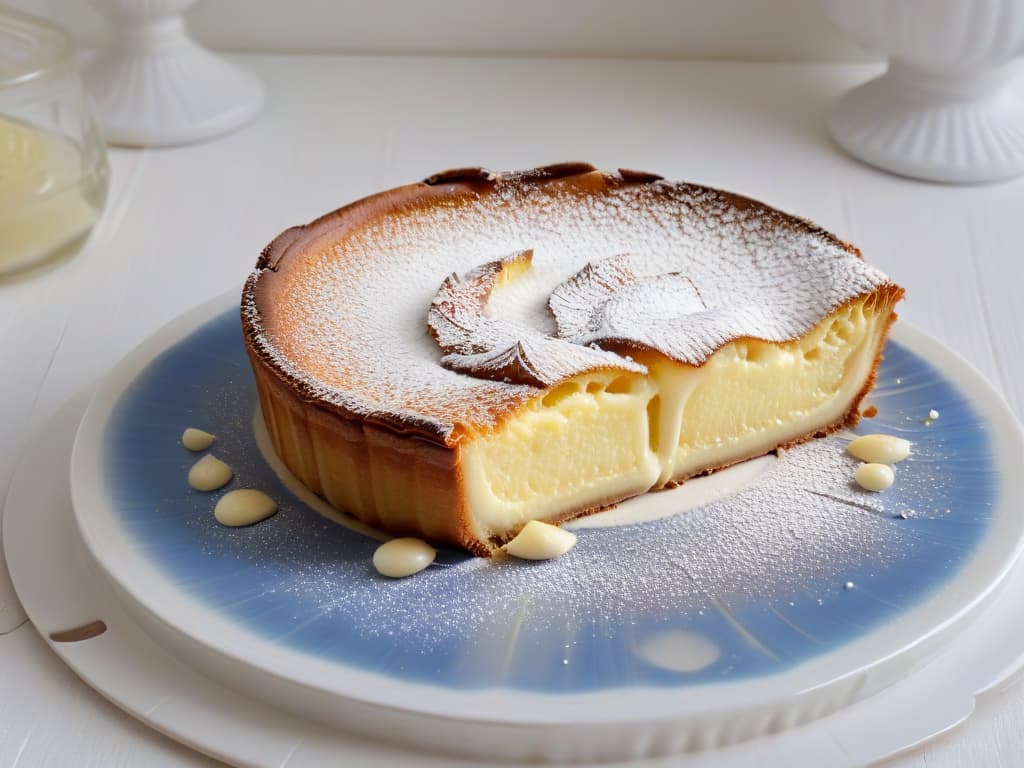  A closeup, ultrahighresolution image of a perfectly goldenbrown, flaky Portuguese custard tart, glistening with a light sprinkle of powdered sugar on top, set on a delicate white porcelain plate with intricate blue floral patterns. The tart is perfectly sliced to reveal a creamy, velvety custard center, with a hint of vanilla bean specks visible, all surrounded by a thin, crispy pastry crust. The background is softly blurred, emphasizing the elegant simplicity and irresistible texture of this iconic Portuguese dessert. hyperrealistic, full body, detailed clothing, highly detailed, cinematic lighting, stunningly beautiful, intricate, sharp focus, f/1. 8, 85mm, (centered image composition), (professionally color graded), ((bright soft diffused light)), volumetric fog, trending on instagram, trending on tumblr, HDR 4K, 8K