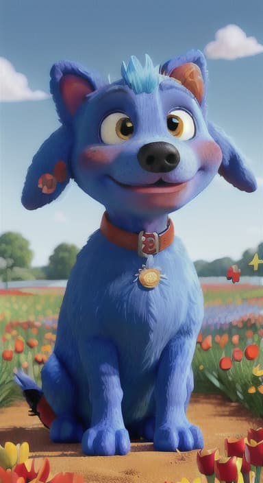  {The red ball nestled in a bed of colorful flowers like daisies and tulips, The big blue dog is large with sky blue fur, big round eyes, a black nose, and floppy ears.