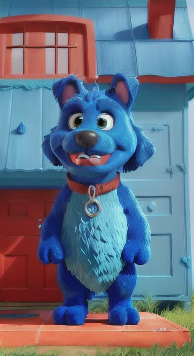  {Max the big blue dog standing in front of a cozy little house with a red door, The big blue dog is large with sky blue fur, big round eyes, a black nose, and floppy ears.