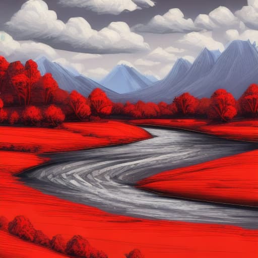  (Monochromatic):1.7 landscape of a valley with a river and large tree; crimson hues; highly detailed, vast depth of field, high resolution, 8k, HDR