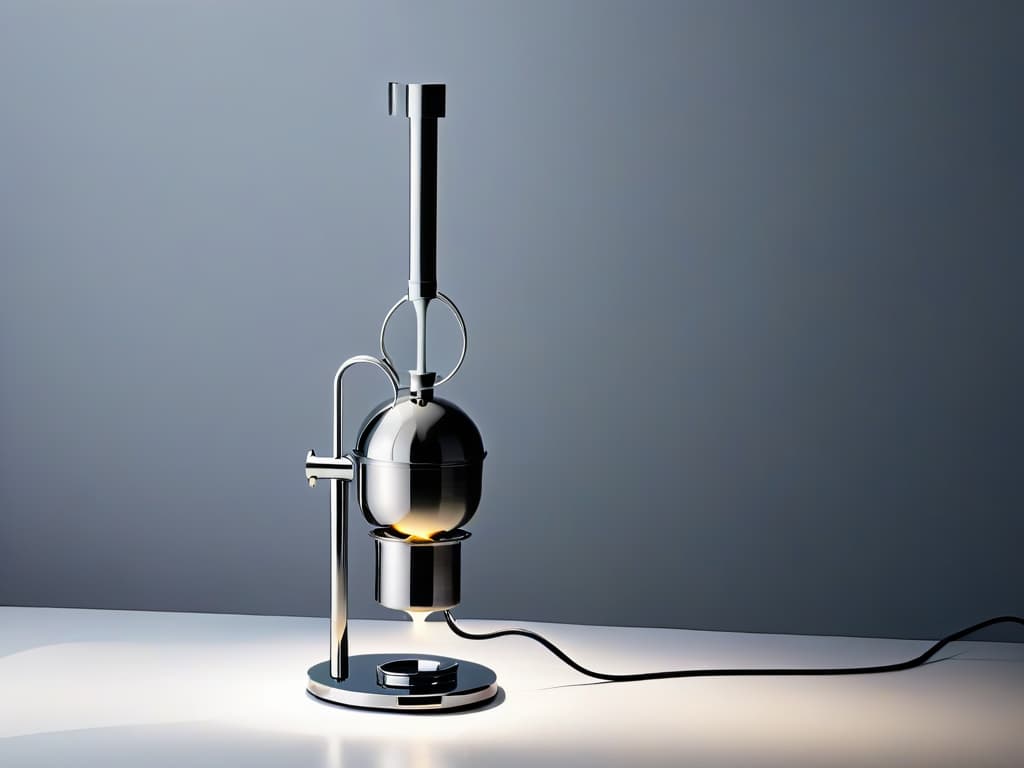  A closeup, ultradetailed image of a sleek, modern siphon for desserts gleaming under soft, focused lighting. The siphon stands against a minimalist backdrop, highlighting its elegant design and intricate details. The metallic finish reflects a hint of ambient light, adding a touch of sophistication to the overall aesthetic. hyperrealistic, full body, detailed clothing, highly detailed, cinematic lighting, stunningly beautiful, intricate, sharp focus, f/1. 8, 85mm, (centered image composition), (professionally color graded), ((bright soft diffused light)), volumetric fog, trending on instagram, trending on tumblr, HDR 4K, 8K