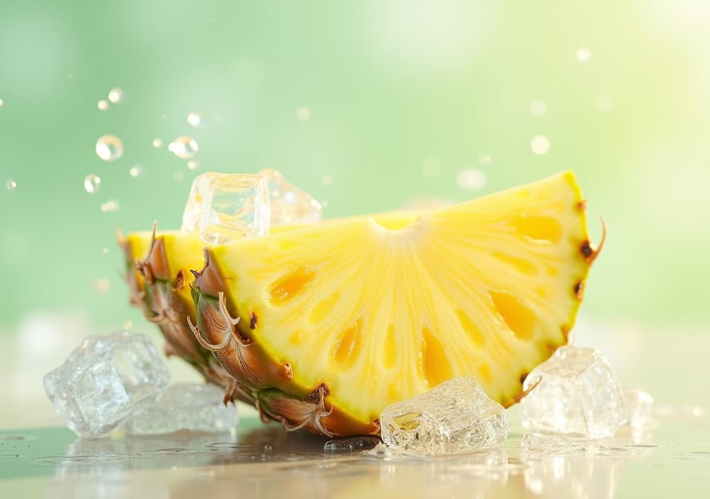  good quality, high quality, tropical vibes freshly cut pineapple with icy condensation, exotic refreshment 3d rendering for summer concept