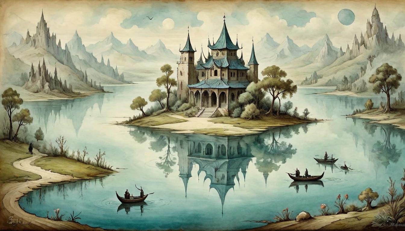  on parchment, surrealism+++, A serene lake reflecting chaos around its edges but maintaining calm at the center, resilience, centeredness, oasis of peace.(mysterious, provocative, symbolic,muted color)+++