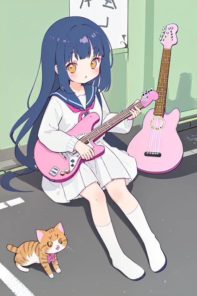  High school girl, mini character, cute, electric guitar, long hair, hanging, cat based, sitting on the ground, sailor suit