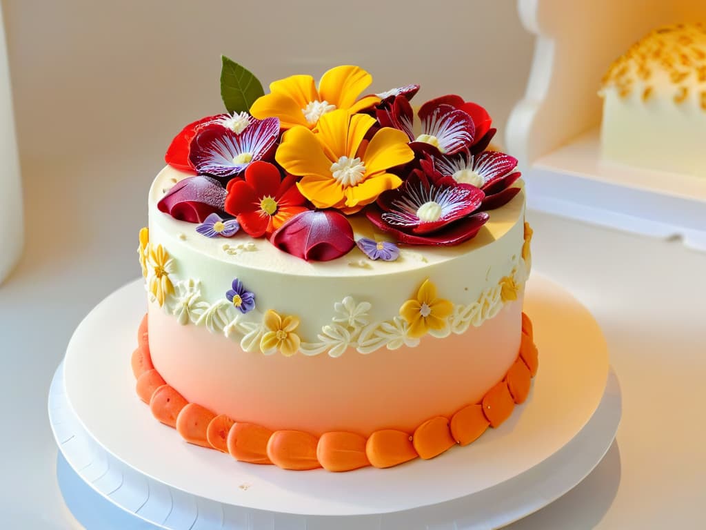  An ultradetailed closeup image of a beautifully decorated, intricate cake being delicately crafted by a pastry chef's hands. The cake features layers of vibrant fondant, edible flowers, and meticulously piped frosting details, showcasing the artistry and precision involved in creating a stunning pastry masterpiece. The image captures the essence of creativity and skill in pastrymaking, appealing to the audience's desire for exquisite and visually appealing desserts. hyperrealistic, full body, detailed clothing, highly detailed, cinematic lighting, stunningly beautiful, intricate, sharp focus, f/1. 8, 85mm, (centered image composition), (professionally color graded), ((bright soft diffused light)), volumetric fog, trending on instagram, trending on tumblr, HDR 4K, 8K