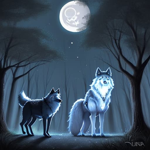  bosque nocturno con luna llena y wolf y ghost