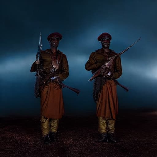  two Ethiopian brothers solider in war Bold and Daring, High Resolution, Vintage Vogue hyperrealistic, full body, detailed clothing, highly detailed, cinematic lighting, stunningly beautiful, intricate, sharp focus, f/1. 8, 85mm, (centered image composition), (professionally color graded), ((bright soft diffused light)), volumetric fog, trending on instagram, trending on tumblr, HDR 4K, 8K