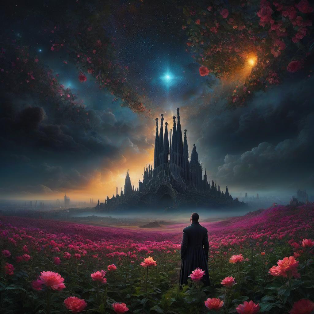  (stylized by Tomasz Alen Kopera:1.3) , dark art, dense flower field and Perseid meteor in background, landscape of a (Barcelona:1.2) , very Bizarre and 1600'S, Hurricane, Glitchcore, Amaro, layered textures, ornate, intricate artistic color, complimentary colors, very inspirational, atmosphere, fine artistic composition, sunny, theatrical hyperrealistic, full body, detailed clothing, highly detailed, cinematic lighting, stunningly beautiful, intricate, sharp focus, f/1. 8, 85mm, (centered image composition), (professionally color graded), ((bright soft diffused light)), volumetric fog, trending on instagram, trending on tumblr, HDR 4K, 8K