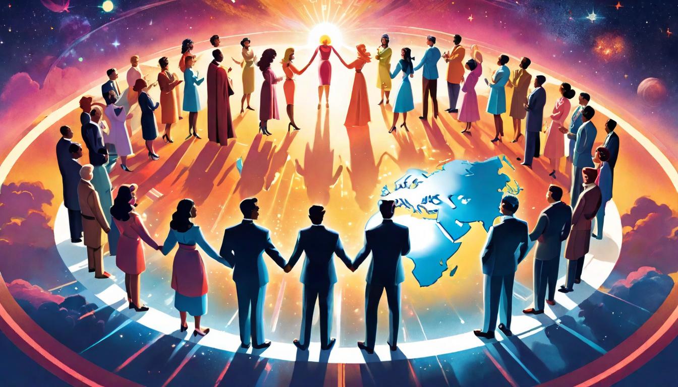  retro futuristic Diverse group of people standing hand in hand (gender diverse, multiple ethnicities), forming a circle around the Earth, Earth in the center glowing gently, signifying unity and collective purpose. Empowering, uplifting, interconnectedness. lvintage sci fi, 50s and 60s style, atomic age, vibrant, highly detailed