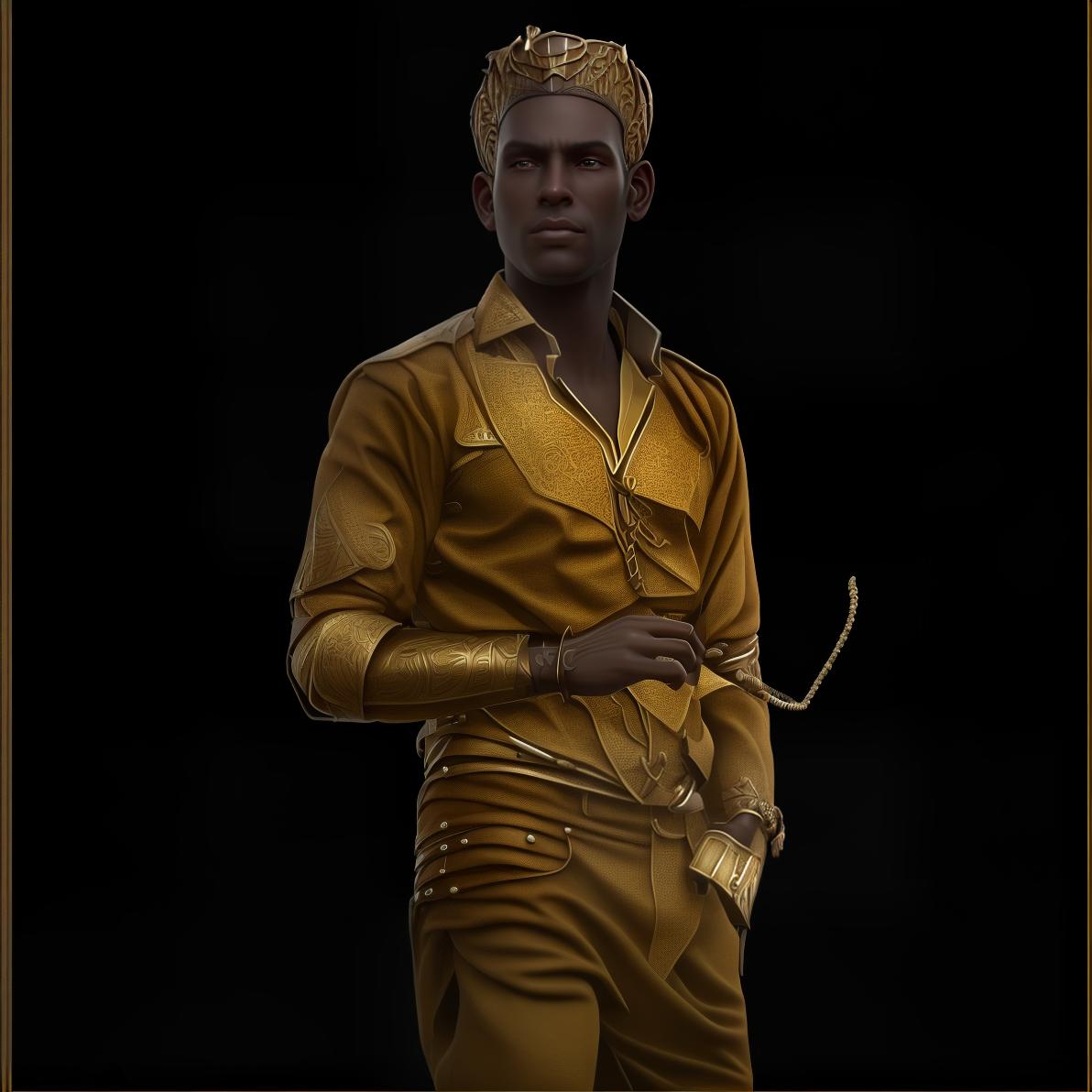 mdjrny-v4 style Create a Historical Ancient Civilization style avatar of a male character. The avatar should reflect the attire and aesthetics of an ancient civilization, such as ancient Egypt, Greece, Rome, or Mesopotamia. Consider clothing such as a tunic, robe, or toga, adorned with symbols, patterns, or motifs typical of the chosen civilization. Accessories like jewelry, headdresses, sandals, or weapons can be included to enhance the historical accuracy of the character. Pay attention to details like the fabric texture, colors, and materials used in the clothing and accessories. The character's hairstyle and facial features should also be in line with depictions of individuals from that ancient civilization. The background should be a setting reminisce