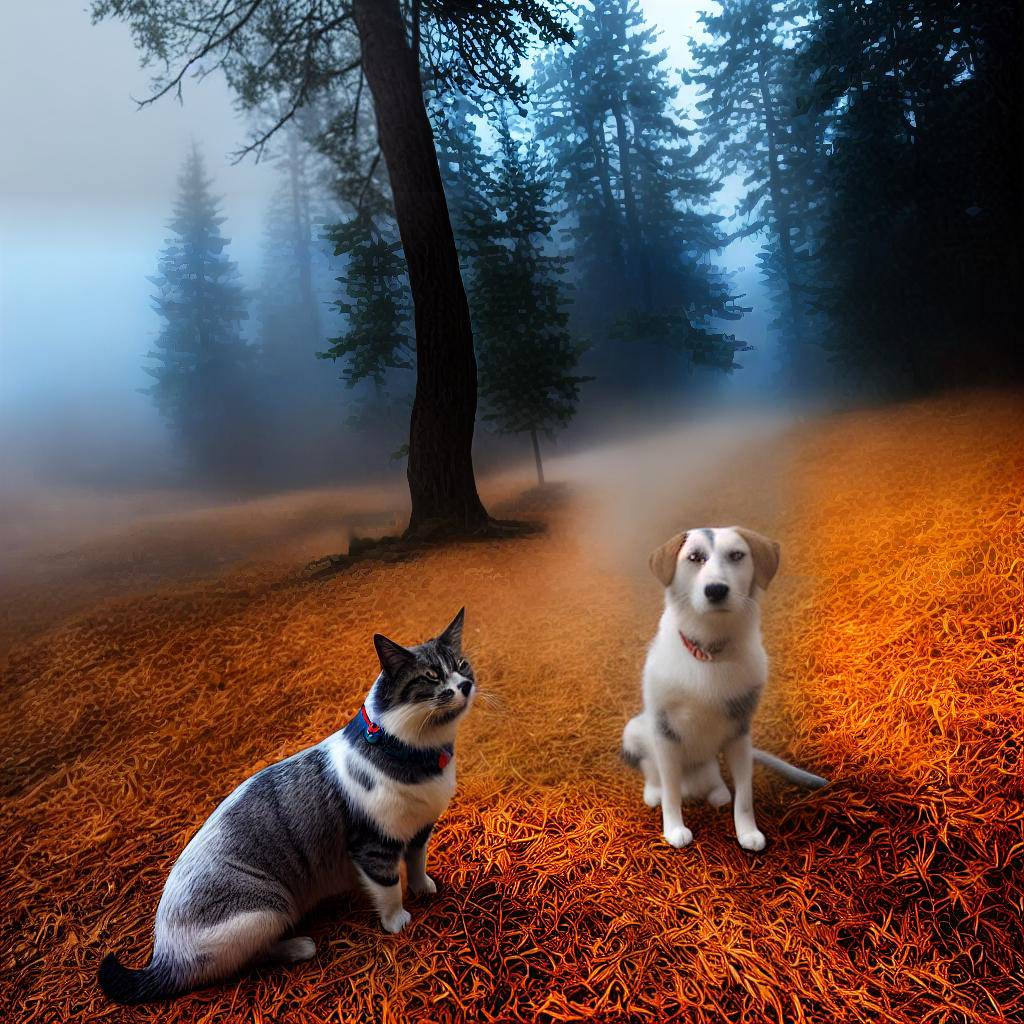  Dogs and cats hyperrealistic, full body, detailed clothing, highly detailed, cinematic lighting, stunningly beautiful, intricate, sharp focus, f/1. 8, 85mm, (centered image composition), (professionally color graded), ((bright soft diffused light)), volumetric fog, trending on instagram, trending on tumblr, HDR 4K, 8K