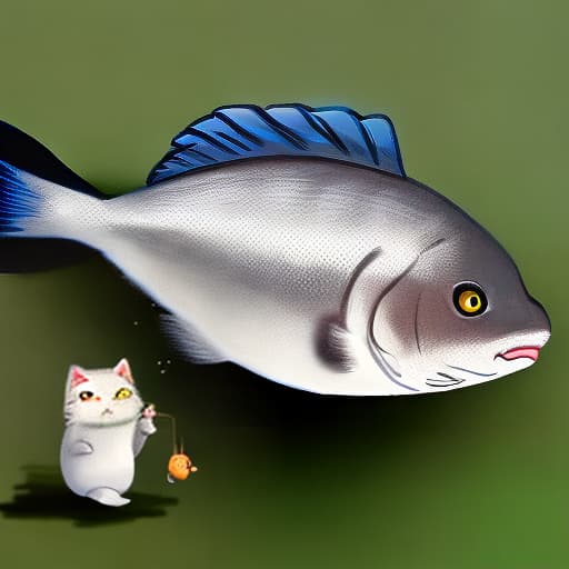  A short fat grey cat with a fish in its mouth
