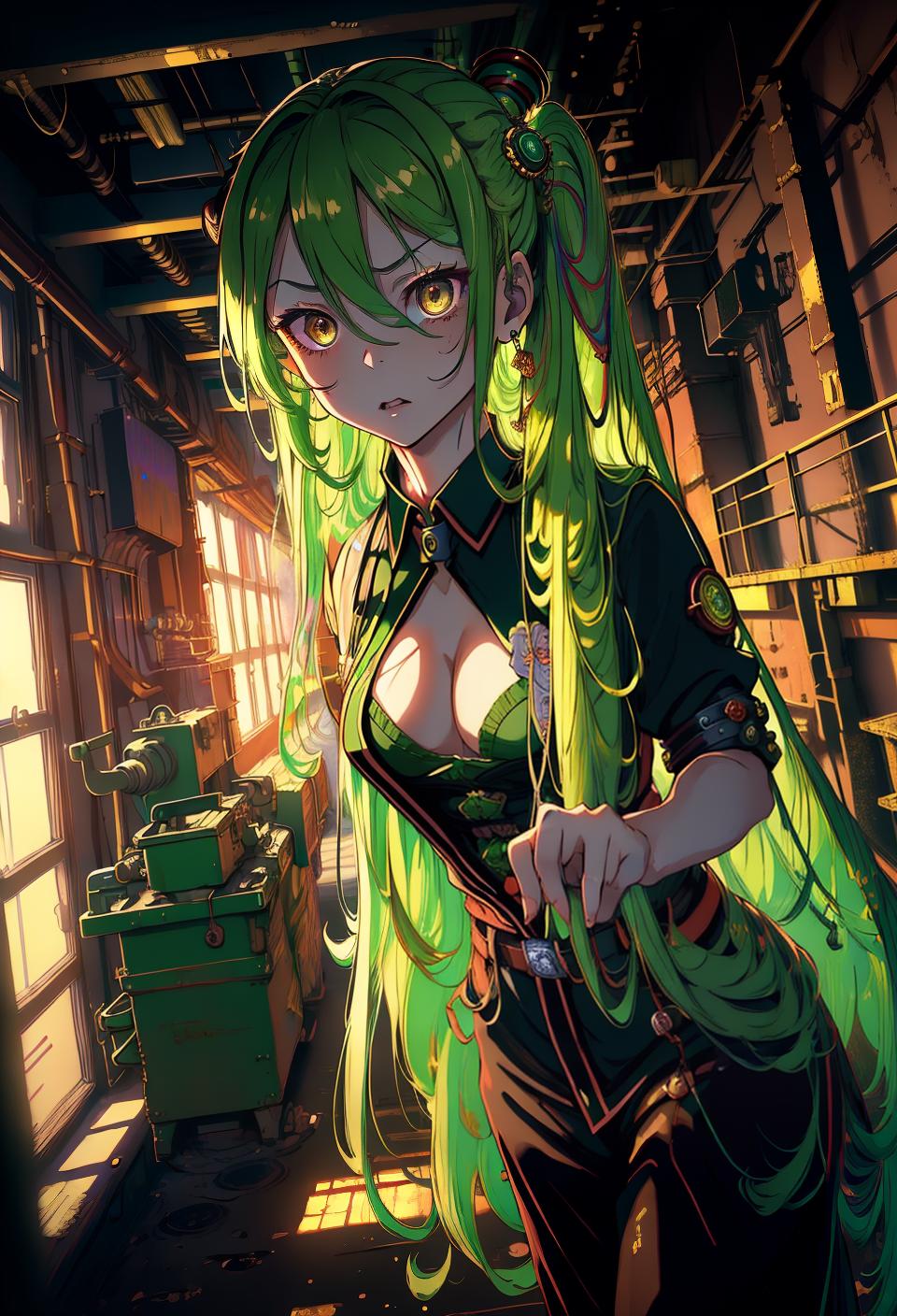  ((trending, highres, masterpiece, cinematic shot)), 1girl, chibi, female aristocrat, rusty factory scene, very long curly green hair, shaved head, large rainbow-colored eyes, evil personality, worried expression, fair skin, magical, energetic