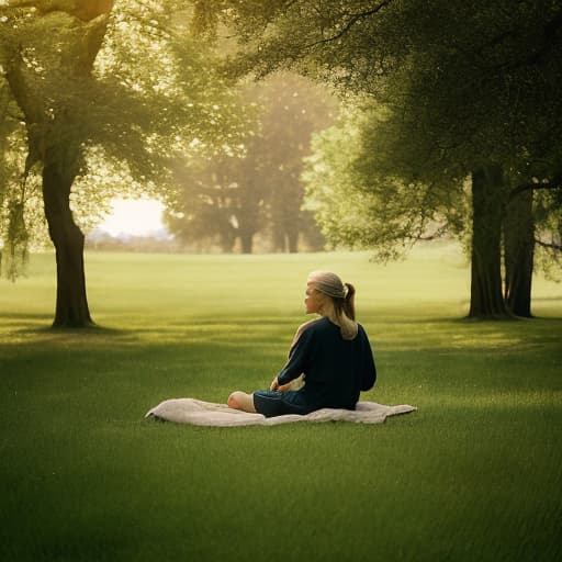analog style In this serene scene, a woman is seated on the grass, surrounded by the tranquility of nature. Her posture suggests contemplation as she gazes into the distance, lost in introspective thoughts about the world around her. The soft breeze gently plays with strands of her hair, and the dappled sunlight creates a warm and inviting atmosphere.  In front of her stands a man, his gaze fixed upon her with a mixture of admiration and curiosity. His body language conveys a quiet appreciation for the depth of her contemplation. Perhaps there's a sense of connection and understanding passing between them, as if he is captivated by the beauty of her introspective moment.  The setting reflects a peaceful coexistence between nature and human emotions, cre