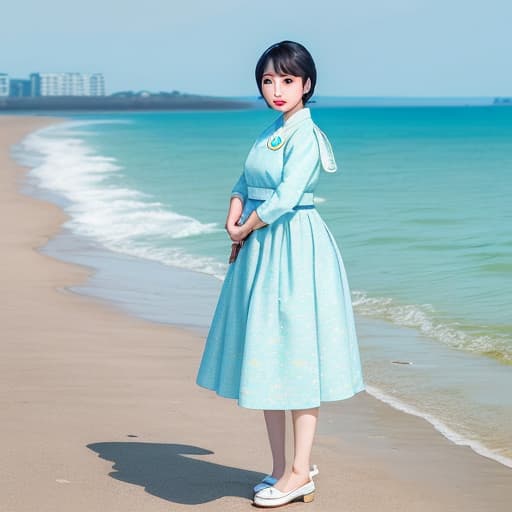  The girl by the sea, Asian woman, wearing three-point style, looks like Wan Qian, oval face, big eyes, double eyelids, short hair, symmetrical plump figure, slender, charming manner, one hand, pictures to show the whole body,