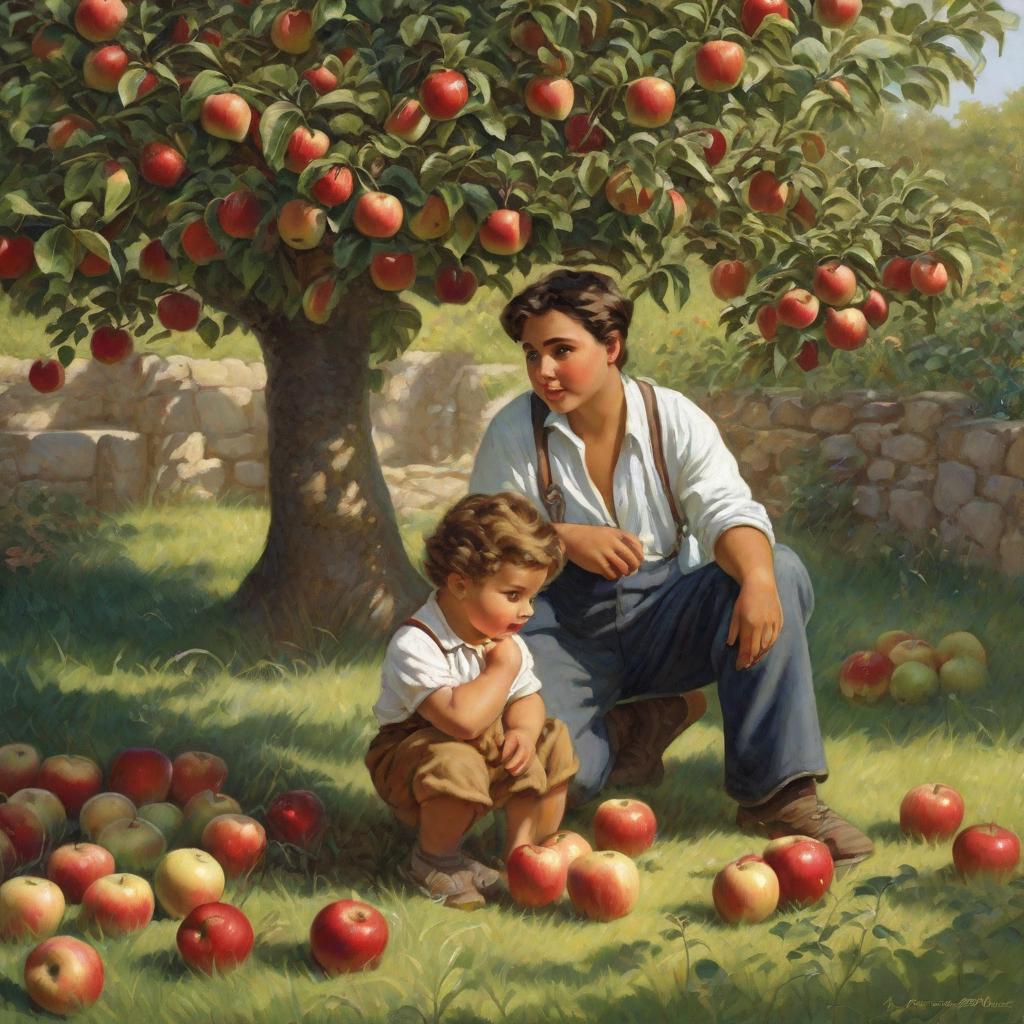  Prompt: In the center of the image, depict a young with eyes wide open, showing a mix of innocence and curiosity. The , wearing a sweet smile, is kneeling with their chubby hands resting on their and they're observing intently at something in front of them. The something is a man, the owner of a small apple tree, who is standing to the right of the . The man is shown gently watering the apple tree with a watering can and carefully ing fertilizer around it. The apple tree is slightly taller than the man and in full bloom with its beautiful pink and white flowers glowing in the sunlight, but there are no apples on it. Despite his melancholic expression, the man's eyes are full of determination and hope as he hyperrealistic, full body, detailed clothing, highly detailed, cinematic lighting, stunningly beautiful, intricate, sharp focus, f/1. 8, 85mm, (centered image composition), (professionally color graded), ((bright soft diffused light)), volumetric fog, trending on instagram, trending on tumblr, HDR 4K, 8K