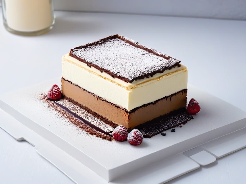  A closeup, highresolution image of a delicate tiramisu dessert elegantly presented on a white plate. The tiramisu features layers of light, fluffy mascarpone cream, dusted with cocoa powder, and garnished with a single fresh raspberry on top. The plate sits on a sleek, modern table with soft, natural lighting casting a subtle shadow, emphasizing the dessert's minimalistic and sophisticated presentation. hyperrealistic, full body, detailed clothing, highly detailed, cinematic lighting, stunningly beautiful, intricate, sharp focus, f/1. 8, 85mm, (centered image composition), (professionally color graded), ((bright soft diffused light)), volumetric fog, trending on instagram, trending on tumblr, HDR 4K, 8K