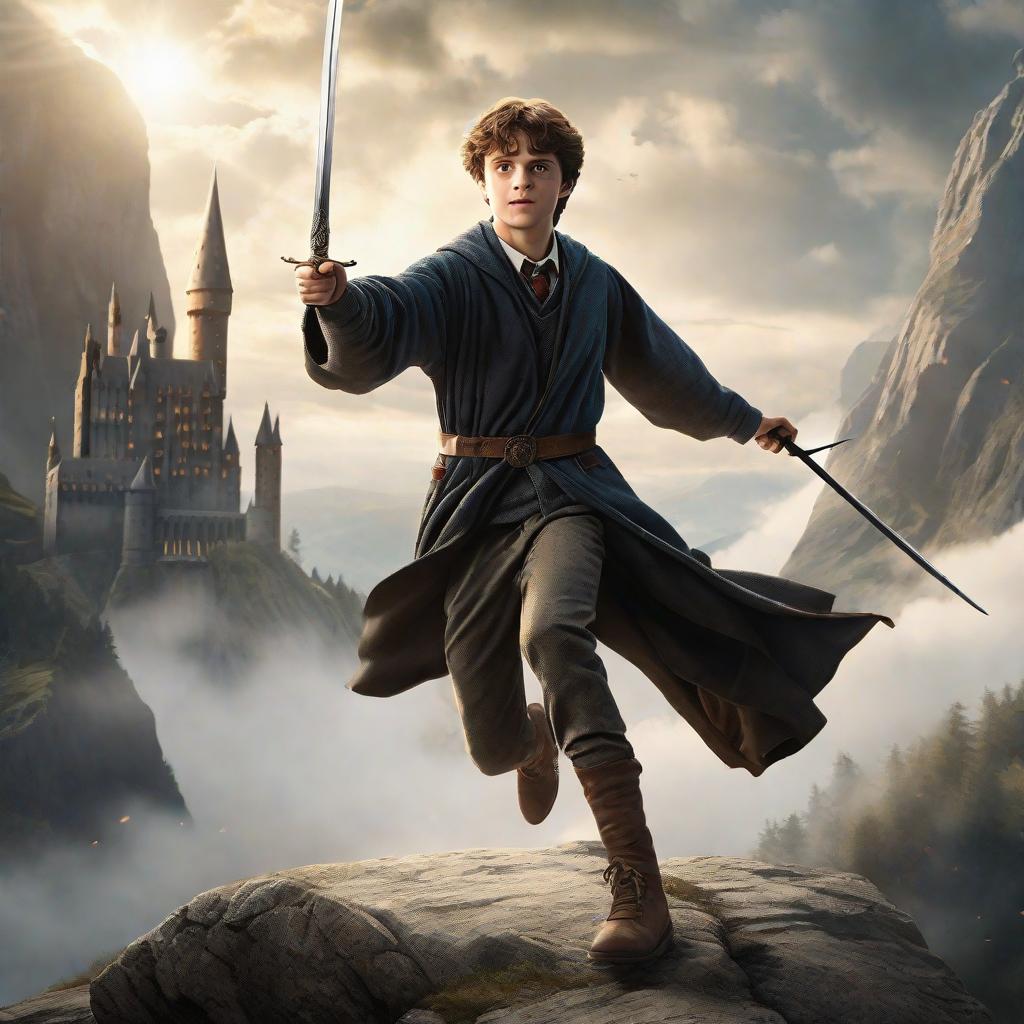  masterpiece, best quality, masterpiece, 8k resolution, realistic, highly detailed, picture background white, a young man holding a sword in his left hand and a wand similar to Harry Potter in his right hand, very proud, leaping in midair